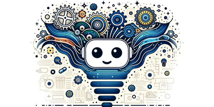 DALL·E 2023-10-26 23.21.05 - Vector design of a chatbot emitting waves of creativity and precision, with gears and tools in the background. Overlay title_ 'Balancing Precision and